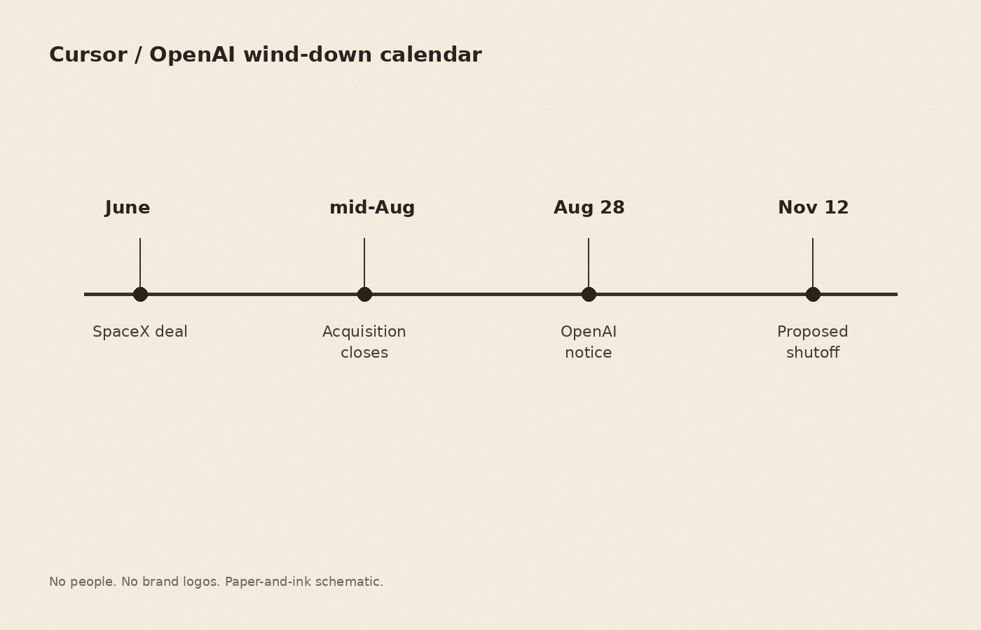 Timeline schematic from SpaceX deal through November 12 model shutoff, no people.