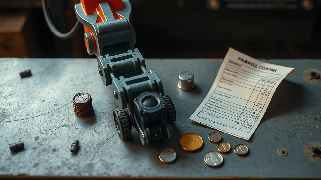 A robot gripper on one side of a workbench and a paper payroll stub with coins on the other, no people.