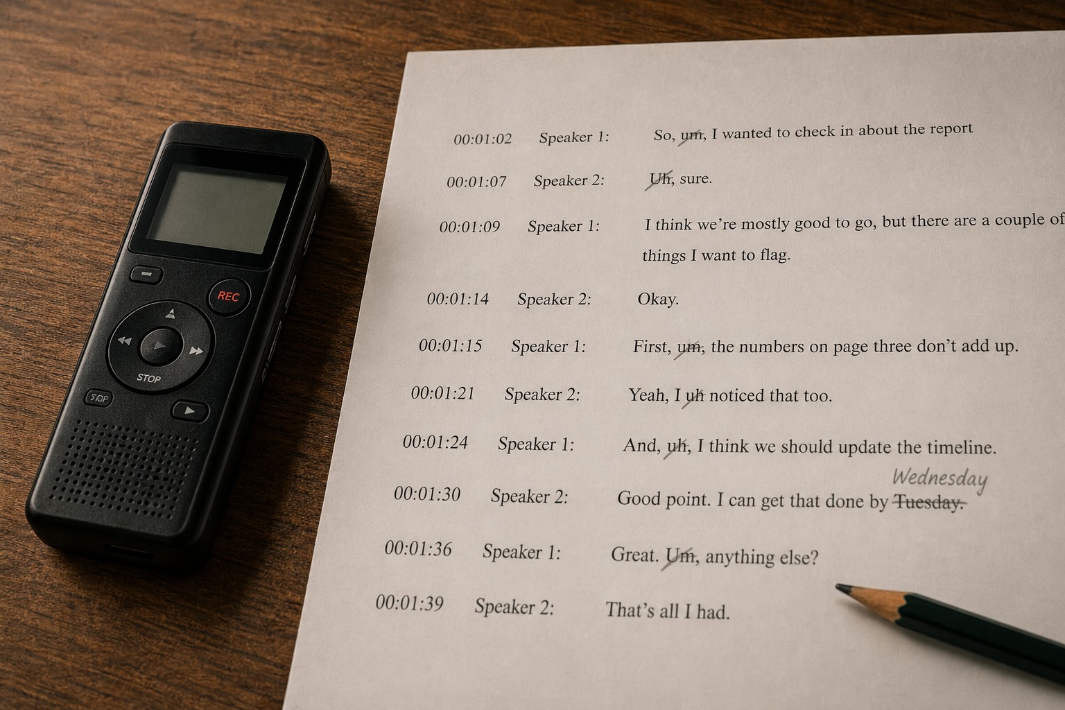 A handheld recorder next to a printed transcript with filler words crossed out and a weekday correction, no people.