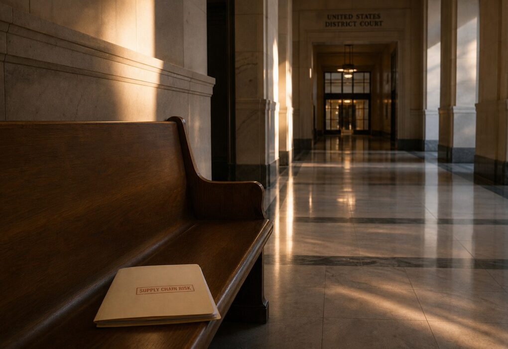 Empty courthouse corridor with a stamped manila folder on a bench, no people.