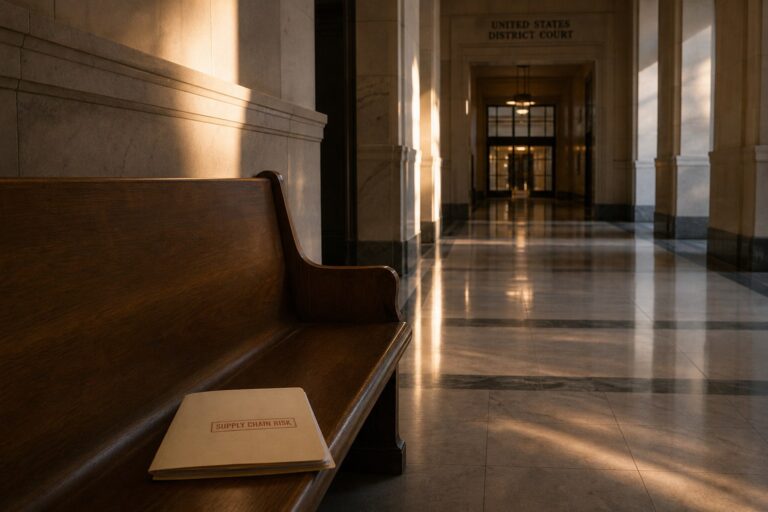 Empty courthouse corridor with a stamped manila folder on a bench, no people.