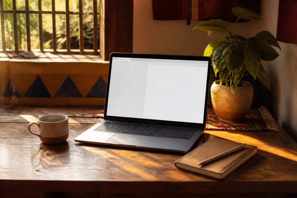 A laptop on a wood desk in afternoon light, a browser window open with an empty side panel, coffee cup and notebook beside it.