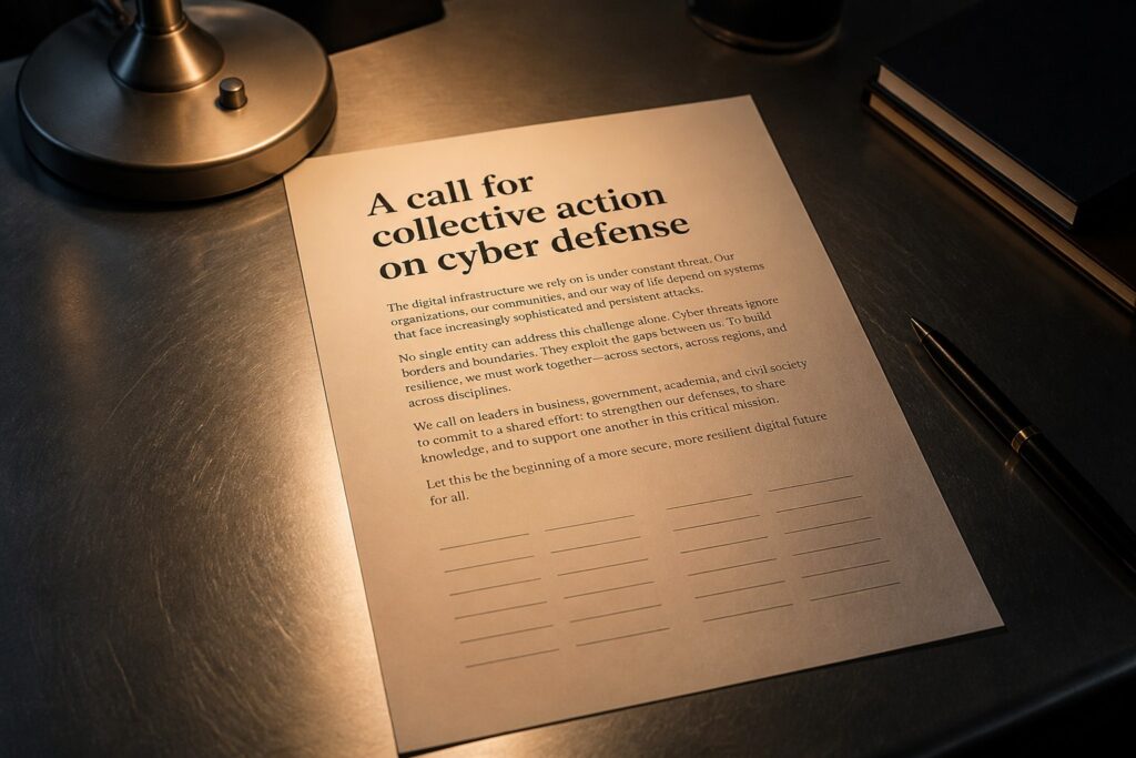 Printed open letter on a desk with blank signature lines, no people.