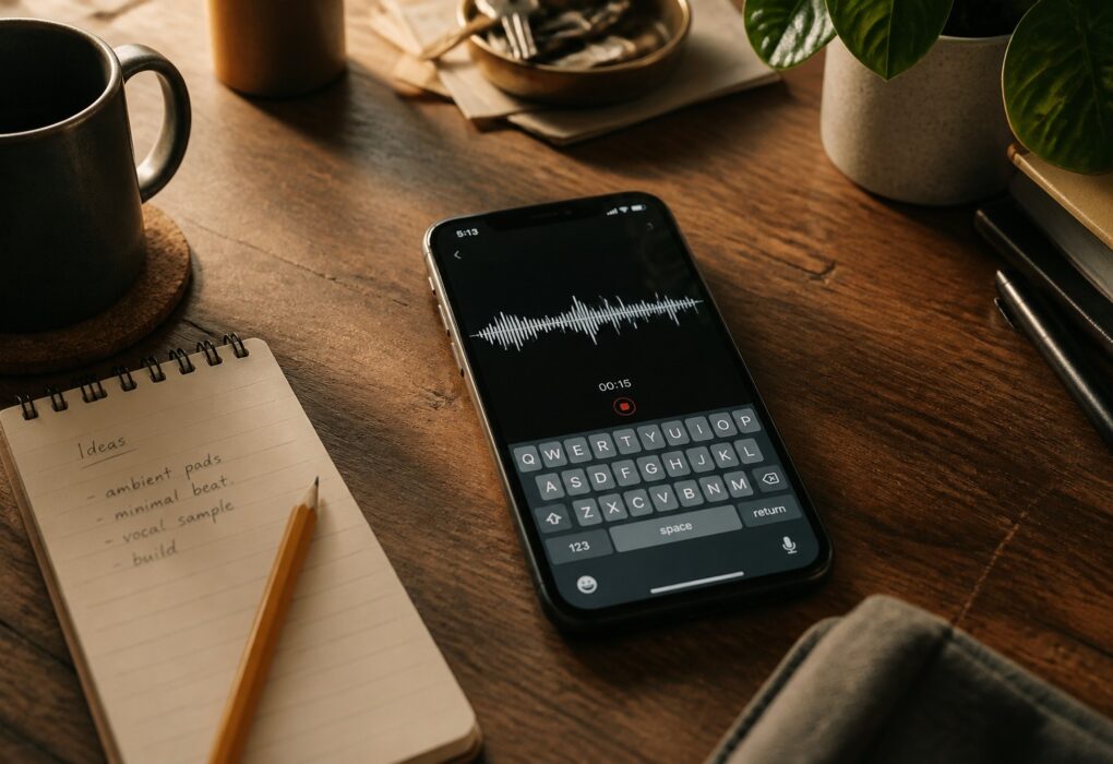 A phone on a wood desk showing a simple audio waveform above a keyboard, notebook beside it, no people.