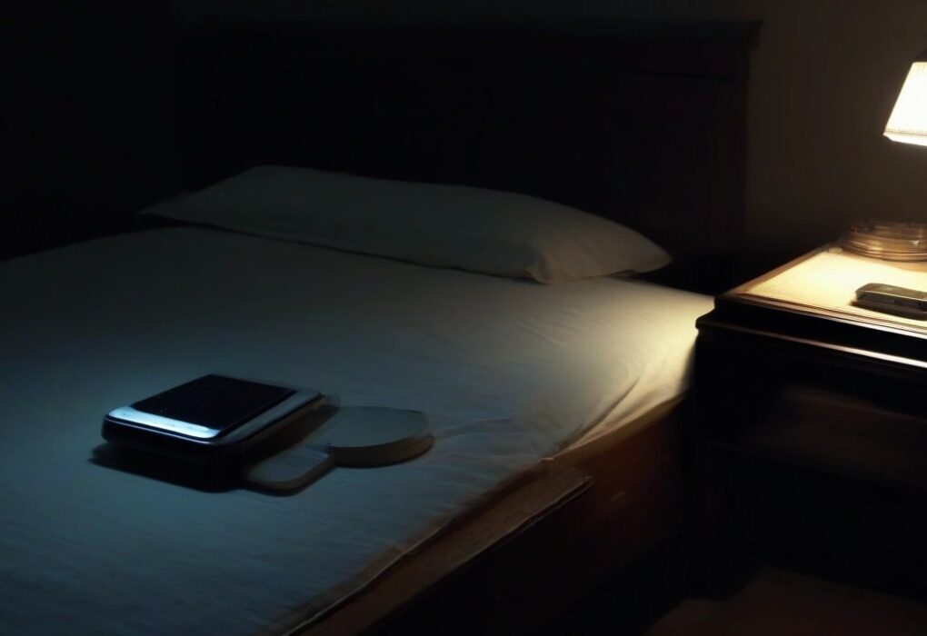 A phone face-down on a nightstand next to an analog clock just after midnight, empty bedroom, no people.