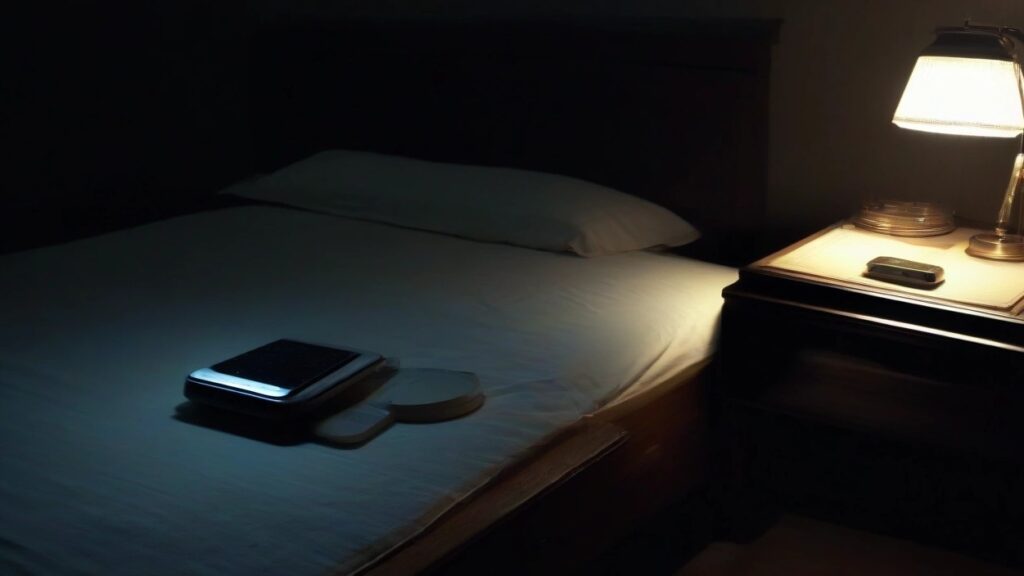 A phone face-down on a nightstand next to an analog clock just after midnight, empty bedroom, no people.