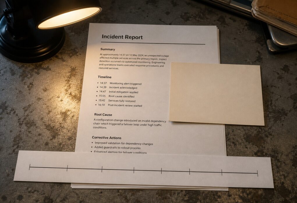 A printed incident report on a metal desk under a lamp, blank title card and a simple timeline bar, no people.