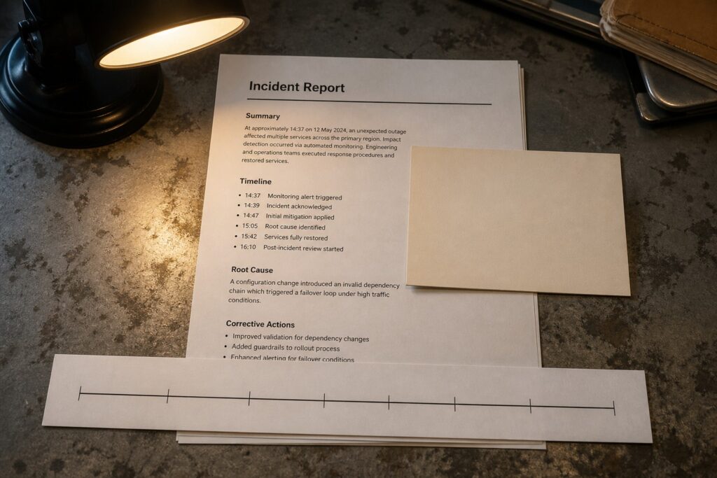 A printed incident report on a metal desk under a lamp, blank title card and a simple timeline bar, no people.