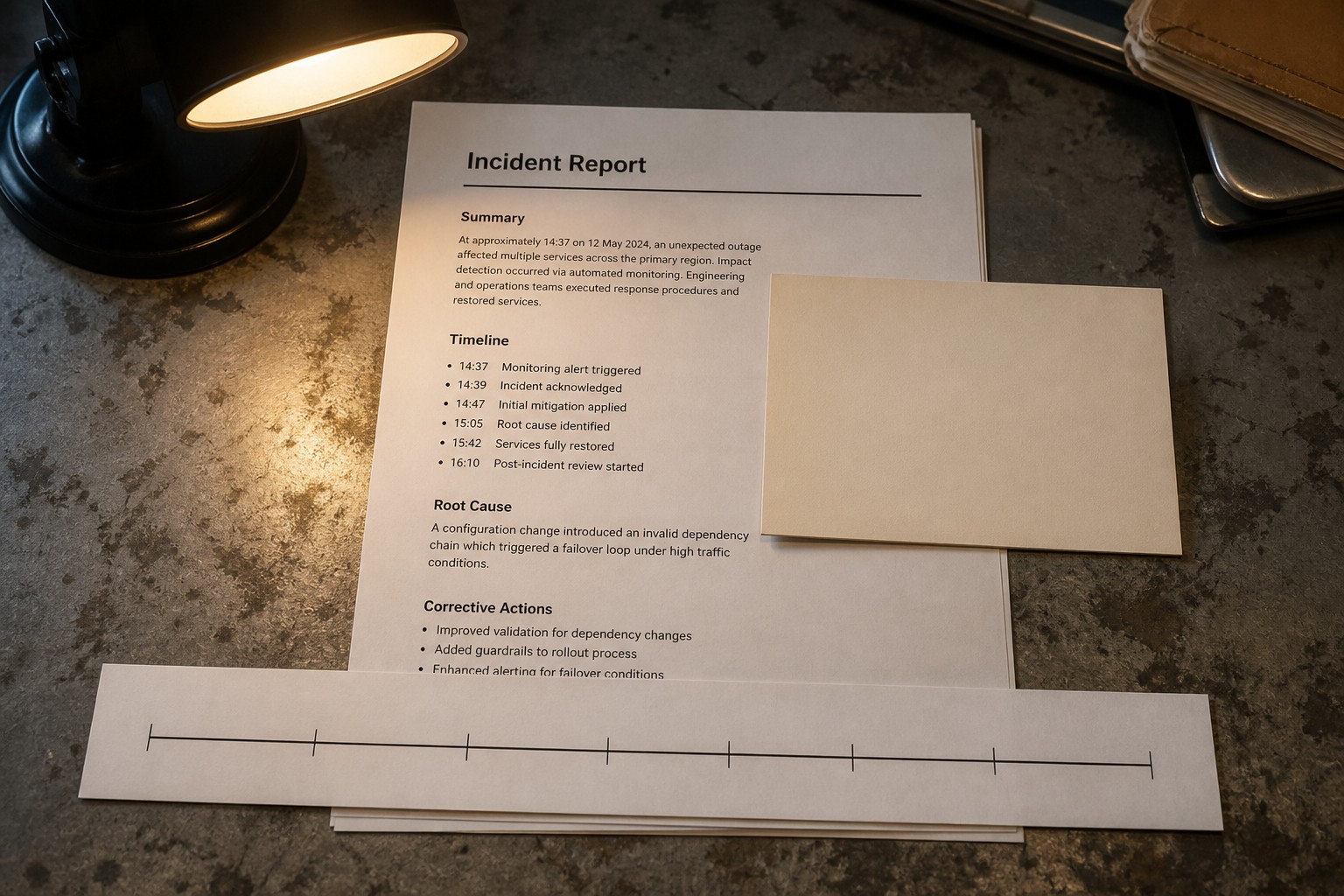 A printed incident report on a metal desk under a lamp, blank title card and a simple timeline bar, no people.