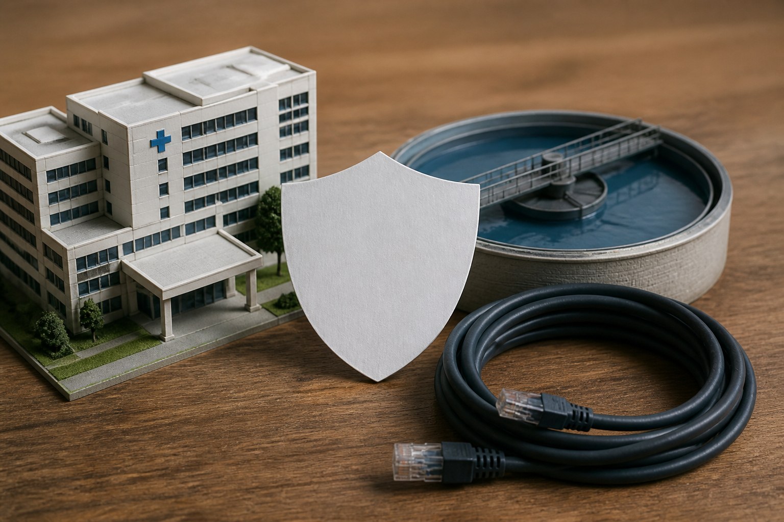 Tabletop still of a hospital model, a water tank, and a network cable with a paper shield card, no people.