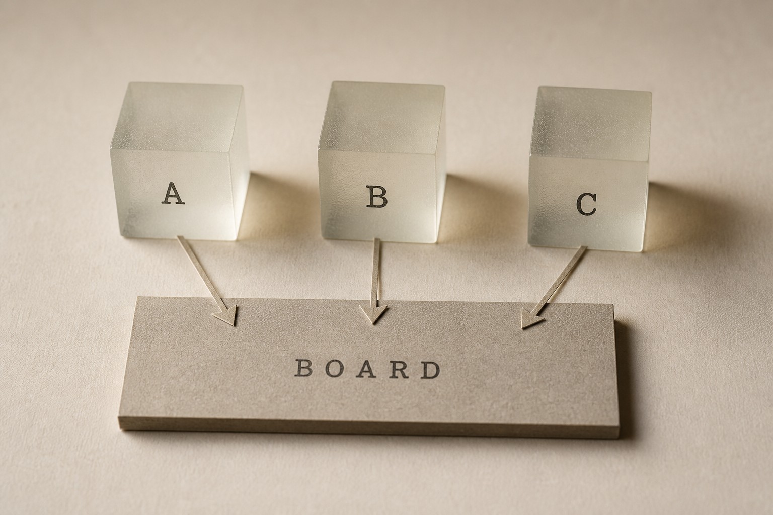 Schematic of three isolated sandbox cubes connecting to one shared message-board rectangle, no people and no code.