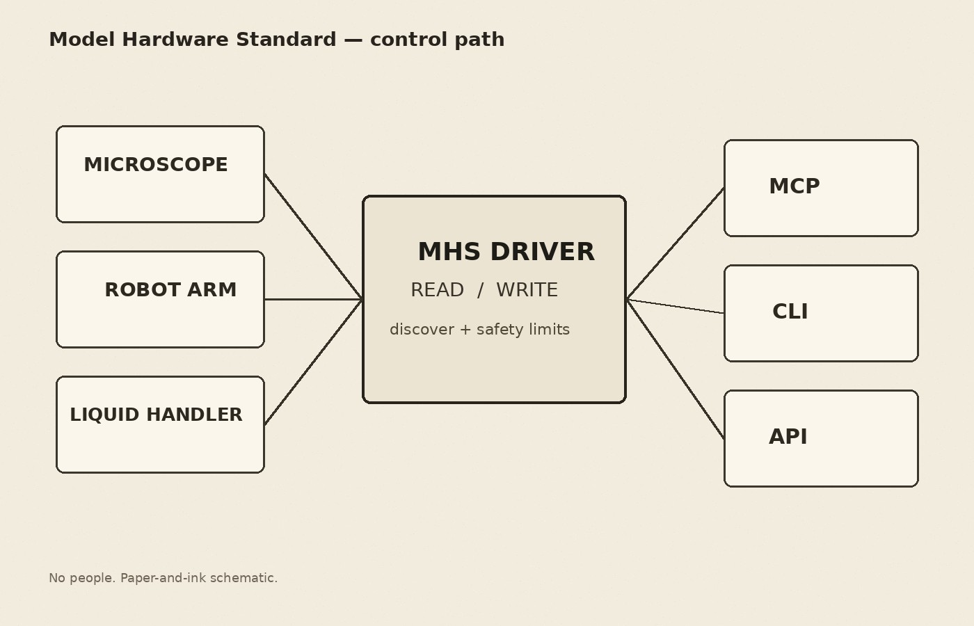 Schematic of an MHS driver between instruments and agent control paths, no people.
