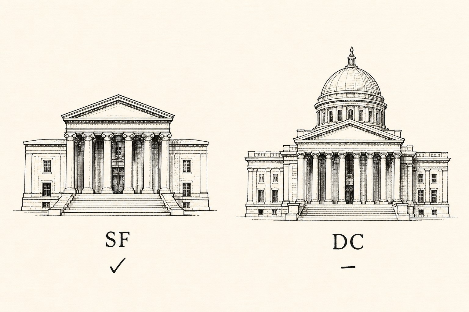 Schematic of two courthouses, San Francisco marked decided and Washington marked pending, no people.