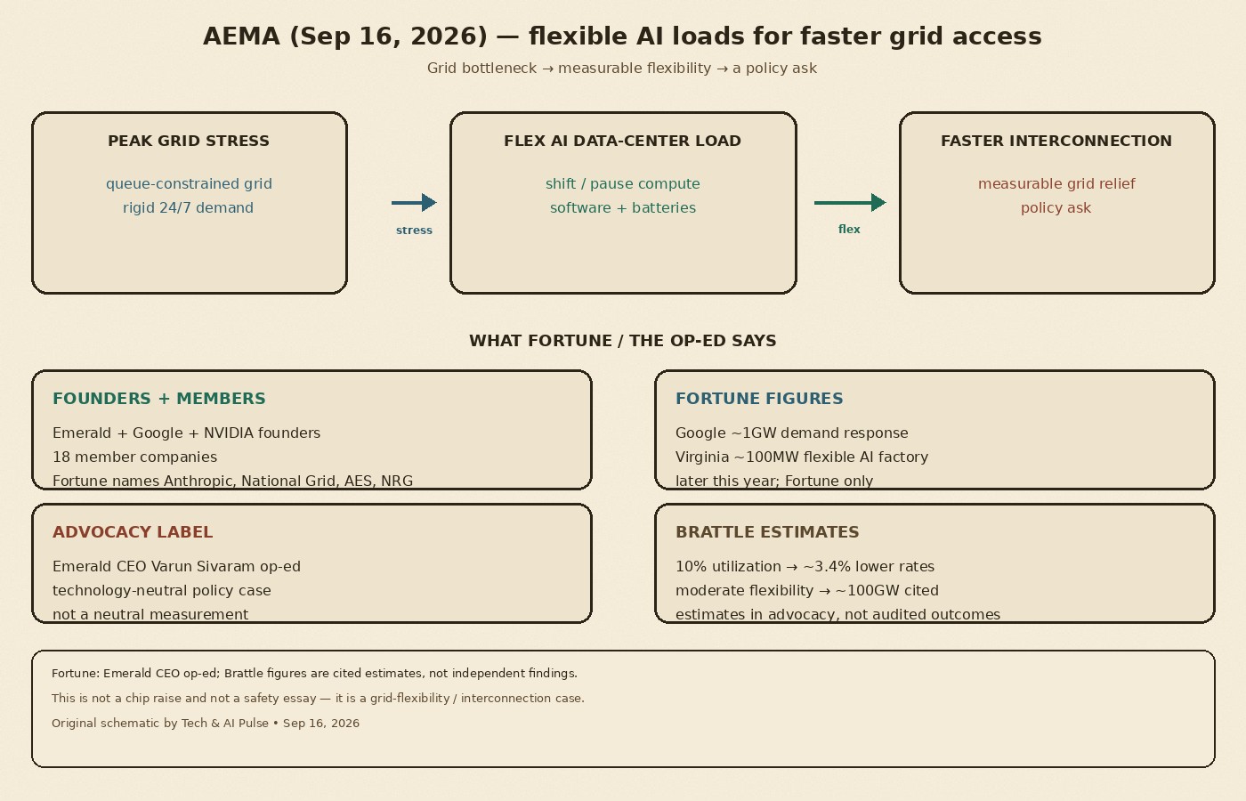 Cream-paper schematic: AEMA thesis — peak grid stress, flexible AI data-center load, faster interconnection as policy ask