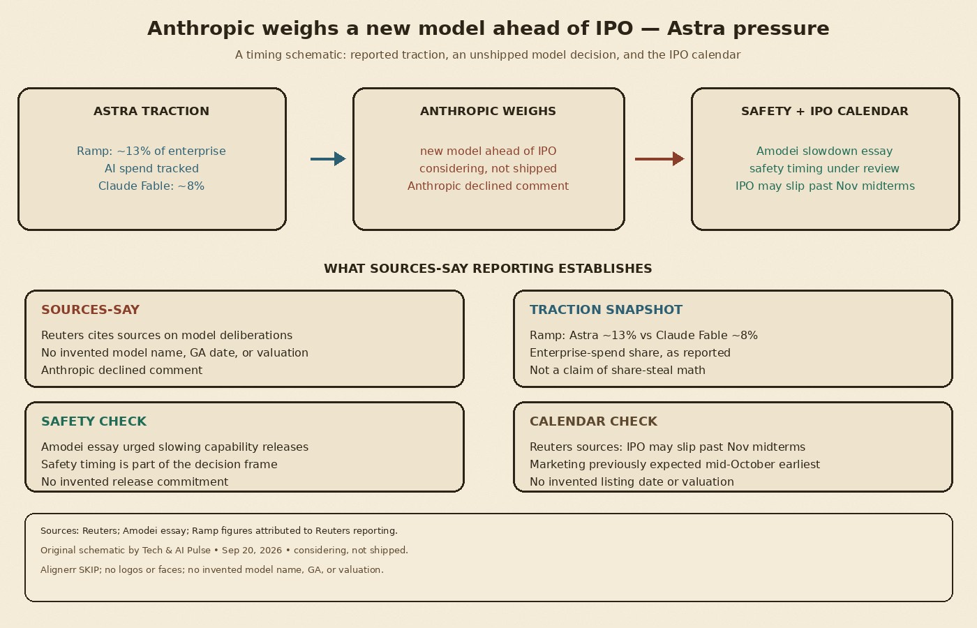 Cream-paper schematic: Anthropic Sep 2026 — Astra traction, Anthropic weighs new model, safety timing versus IPO calendar