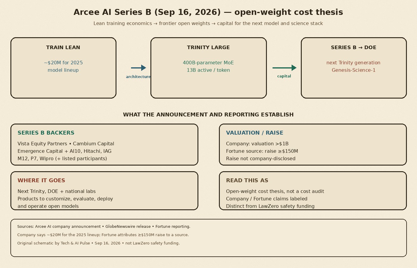 Cream-paper schematic: Arcee AI — ~$20M training cost to Trinity Large open weights, then Series B and DOE open-model products