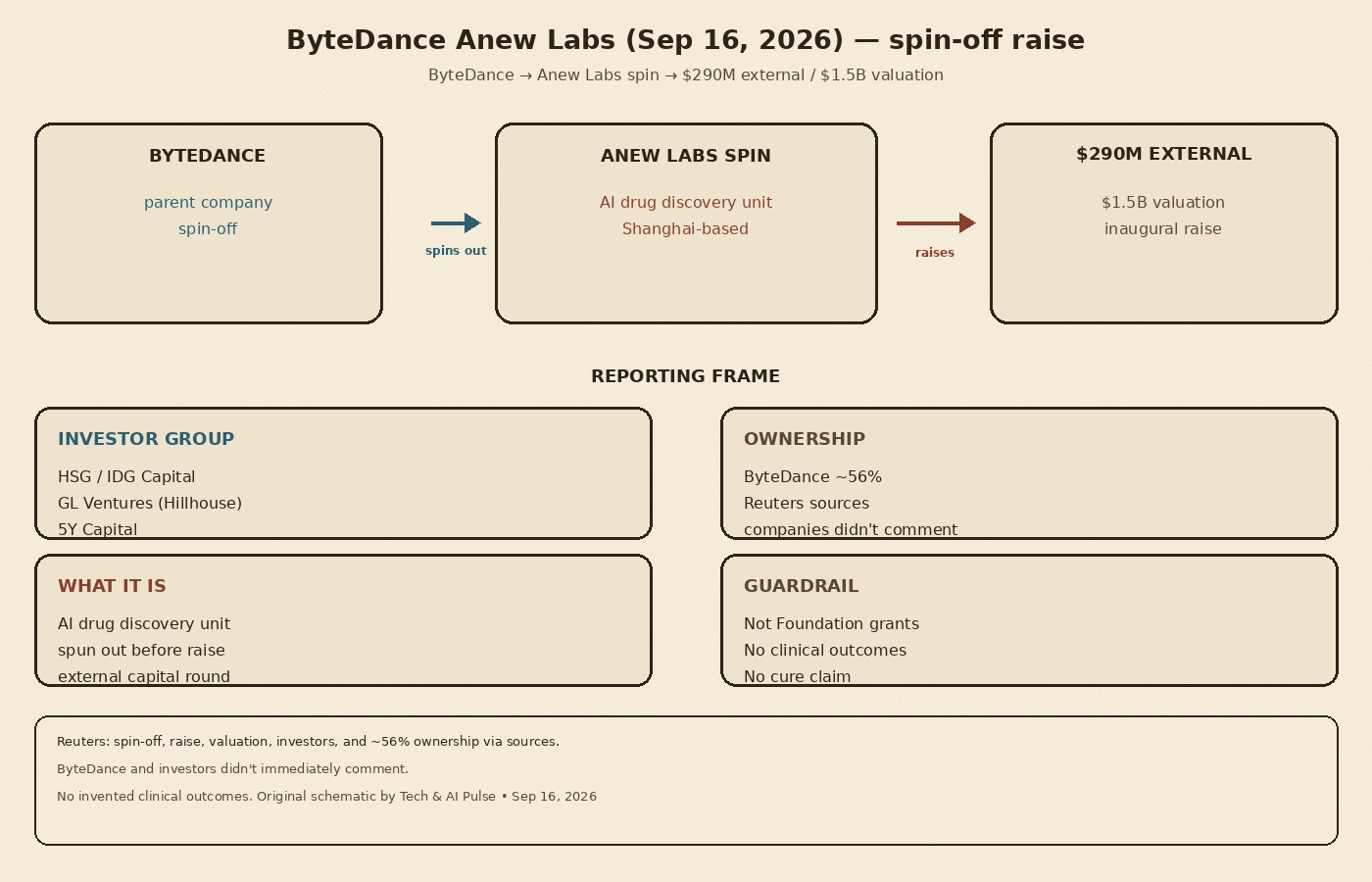Cream-paper schematic: ByteDance spins out Anew Labs, then $290M raise at $1.5B with ByteDance retaining majority stake as Reuters sources report