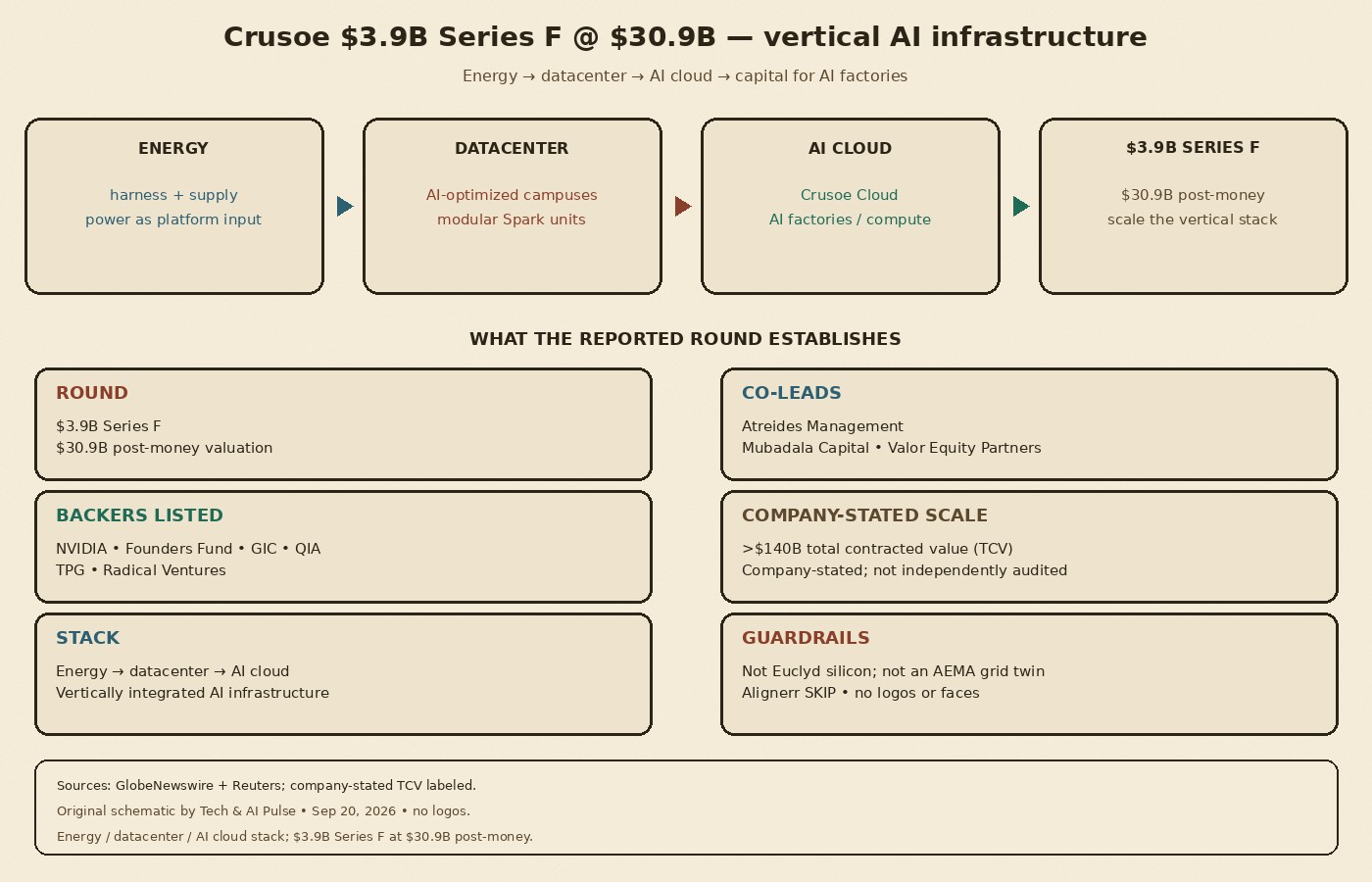 Cream-paper schematic: Crusoe Sep 2026 — energy to datacenter to AI cloud to Series F
