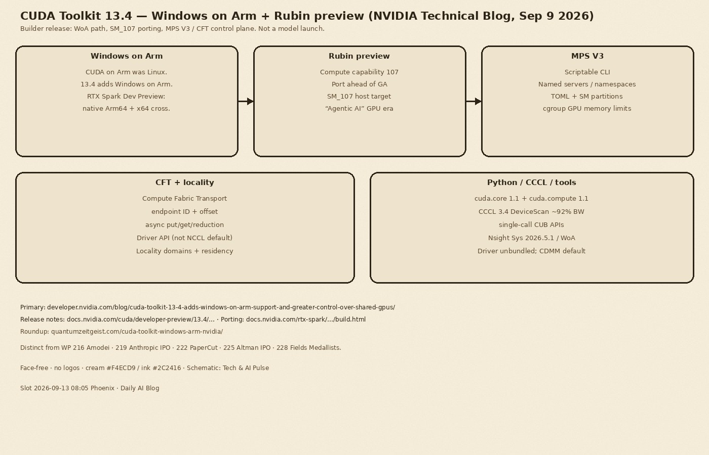 Cream-paper schematic of CUDA Toolkit 13.4: Windows on Arm, Rubin SM_107 preview, MPS V3, CFT, CUDA Python and CCCL updates