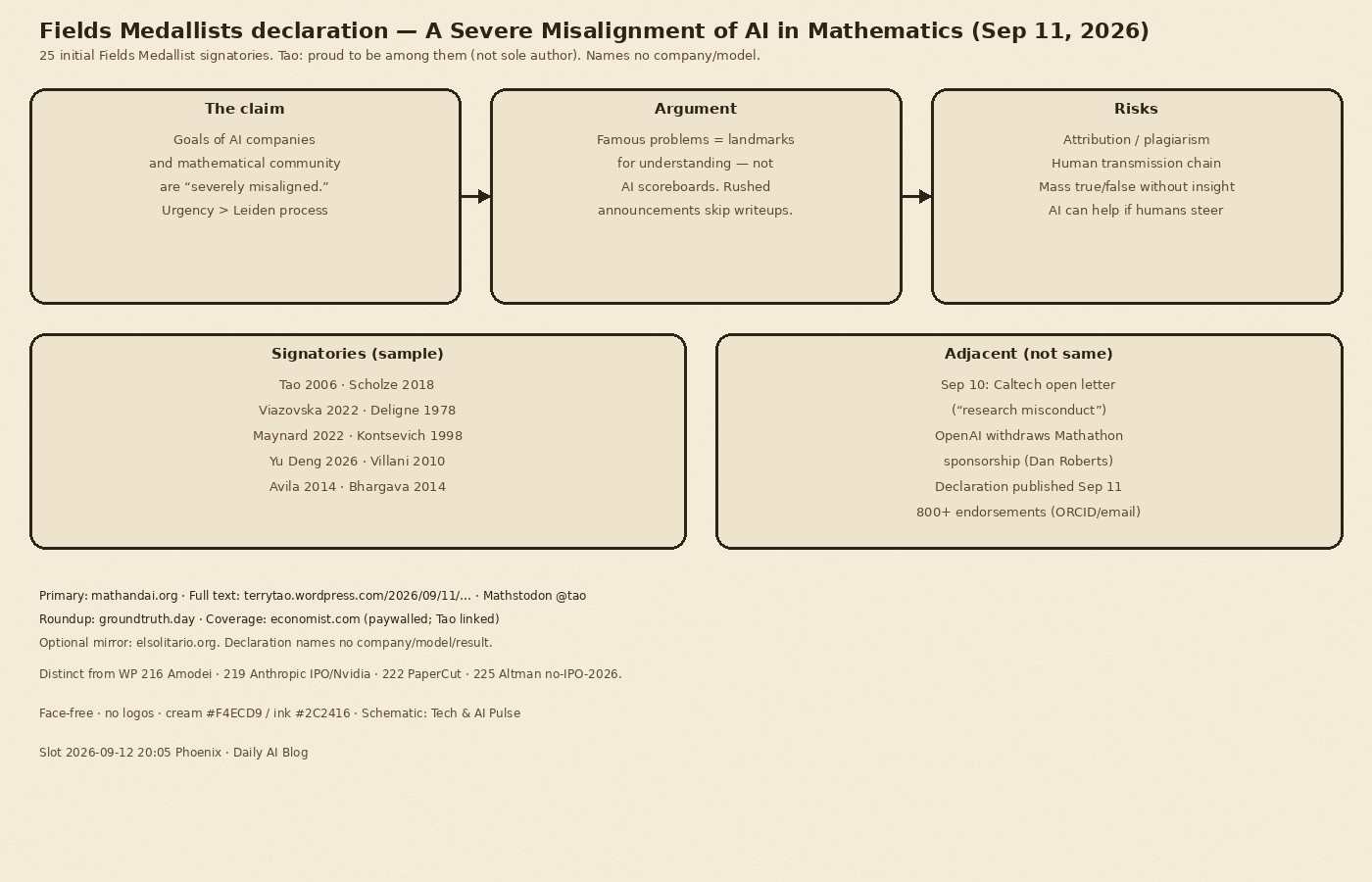 Cream-paper schematic of Fields Medallists AI math declaration September 2026: 25 signatories; severely misaligned; scoreboard vs understanding; writeup and attribution; Mathathon adjacent not same; sources mathandai.org Tao Ground Truth Economist