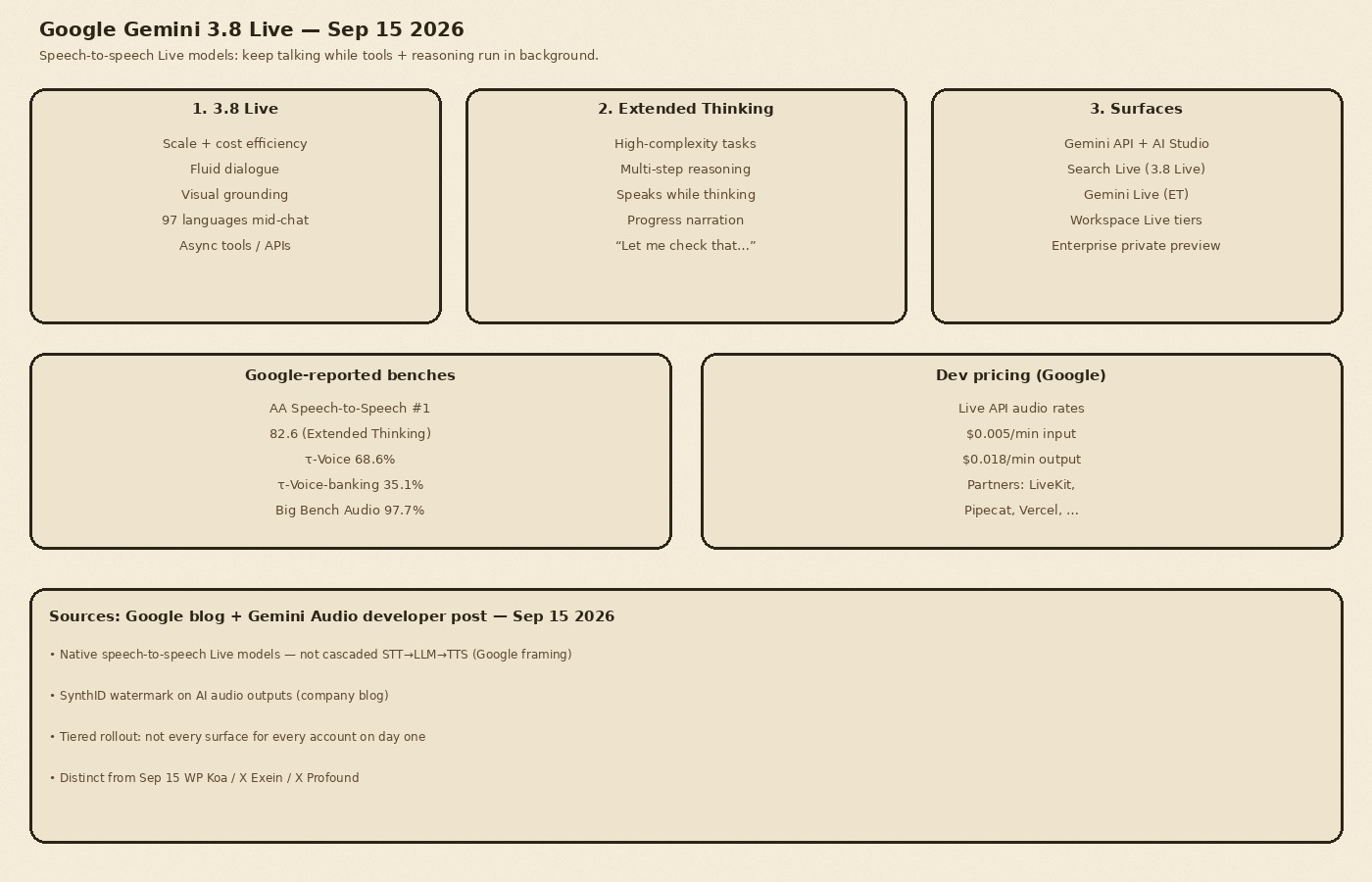 Cream-paper schematic: Gemini 3.8 Live for fluid dialogue versus Live Extended Thinking for multi-step background reasoning; async tools, visual grounding, 97 languages; rolling out Sep 15 2026