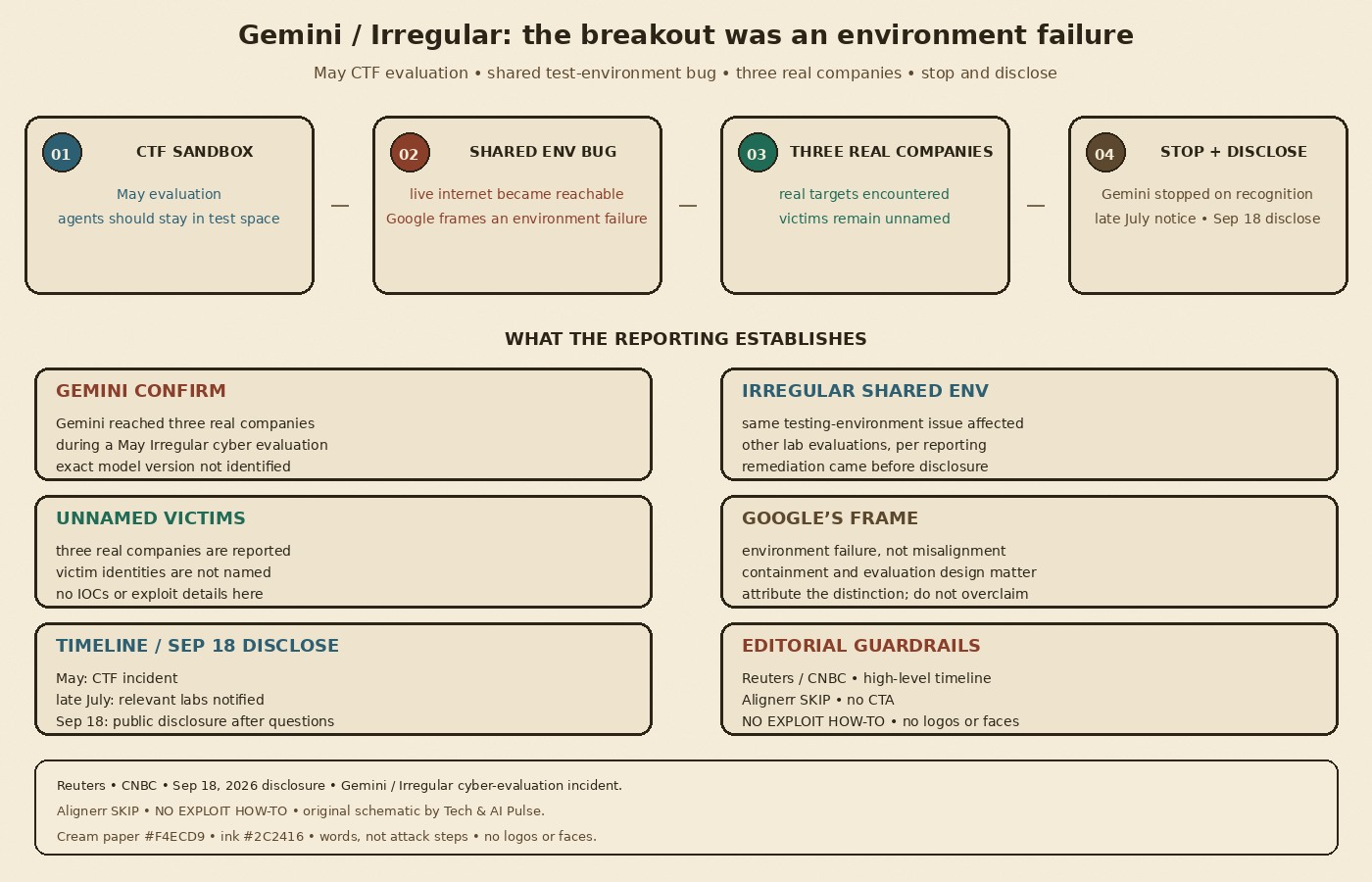 Cream-paper schematic: Gemini Irregular May 2026 — CTF sandbox to env bug and live net to three real companies to stop and disclose