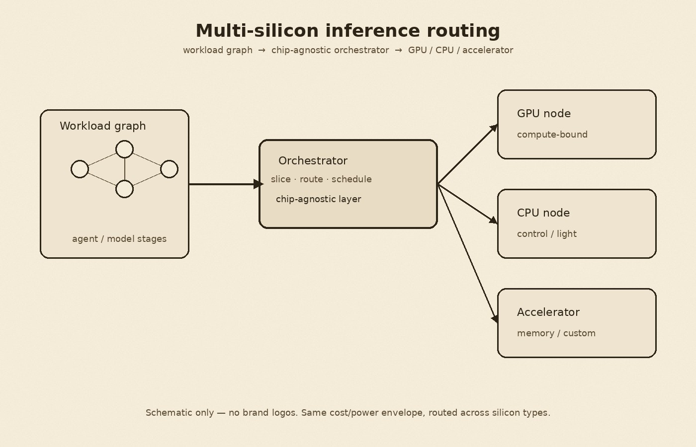 Cream-paper schematic of multi-silicon AI inference routing: a workload graph feeds a chip-agnostic orchestrator that slices and schedules stages onto GPU, CPU, and specialized accelerator nodes