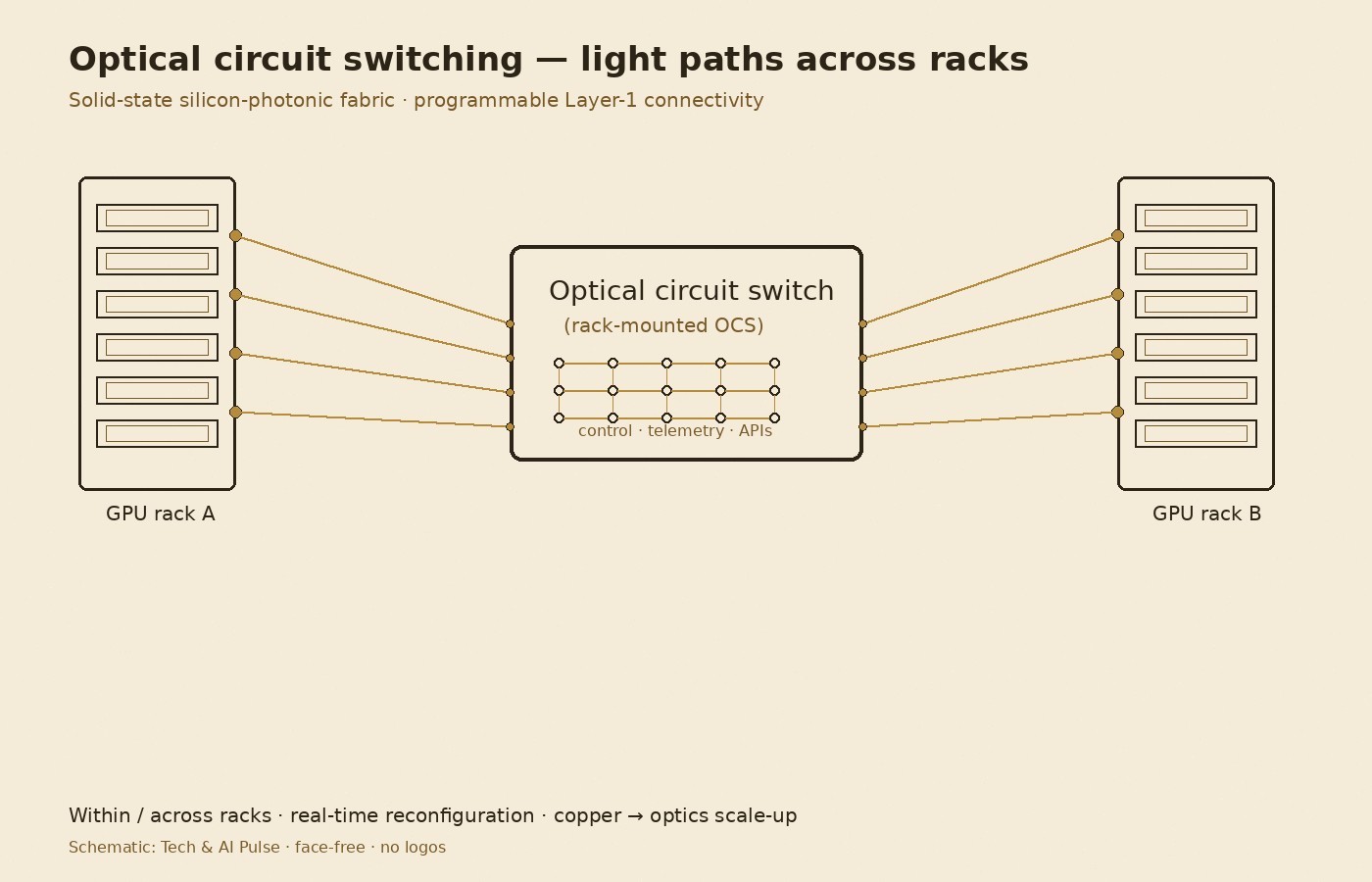 Cream-paper schematic of an optical circuit switch routing light paths between two GPU racks with control, telemetry, and APIs on a solid-state silicon-photonic fabric