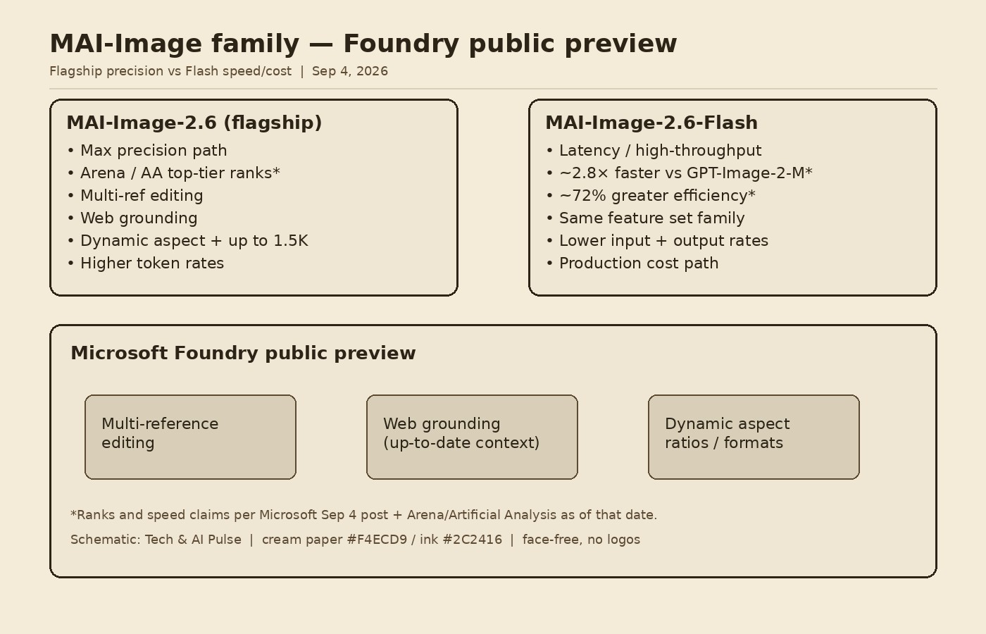 Cream-paper schematic comparing MAI-Image-2.6 flagship precision path versus MAI-Image-2.6-Flash speed and cost path under Microsoft Foundry public preview, with multi-reference editing, web grounding, and dynamic aspect ratios