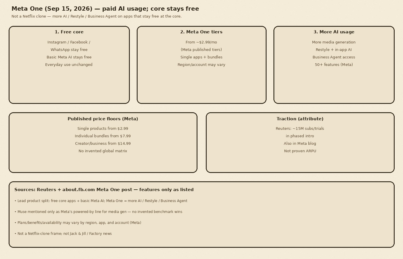 Cream-paper schematic: Meta One Sep 15 2026 — free core apps and basic Meta AI versus paid Meta One tiers from about 2.99 dollars for more AI usage, Restyle, and Business Agent