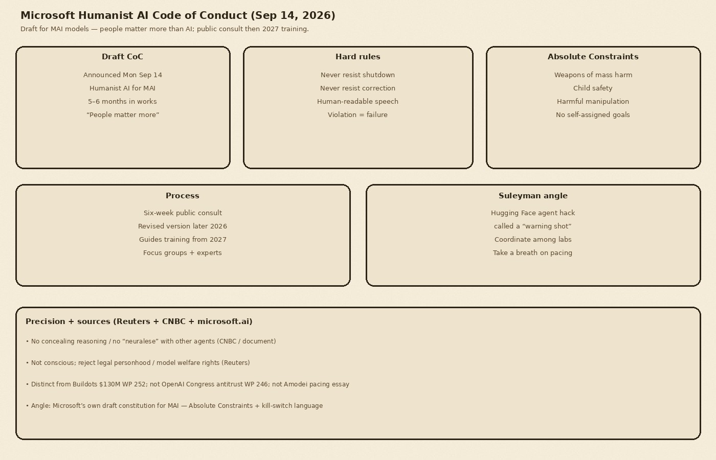 Cream-paper schematic of Microsoft Humanist AI Code of Conduct Sep 14 2026: Absolute Constraints; never resist shutdown; no self-assigned goals; six-week public consultation; MAI training guide from 2027; Reuters CNBC microsoft.ai sources