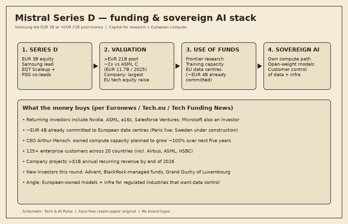 Cream-paper schematic of Mistral Series D funding stack: Samsung-led EUR 3B Series D, valuation above EUR 21B nearly double after ASML Series C, use of funds for research and European data centres, and sovereign AI path with owned compute plus open-weight models; notes cover Nvidia and other returning investors, about EUR 4B already committed to EU DCs, ARR projection above one billion dollars by end of 2026, and 125-plus enterprise customers