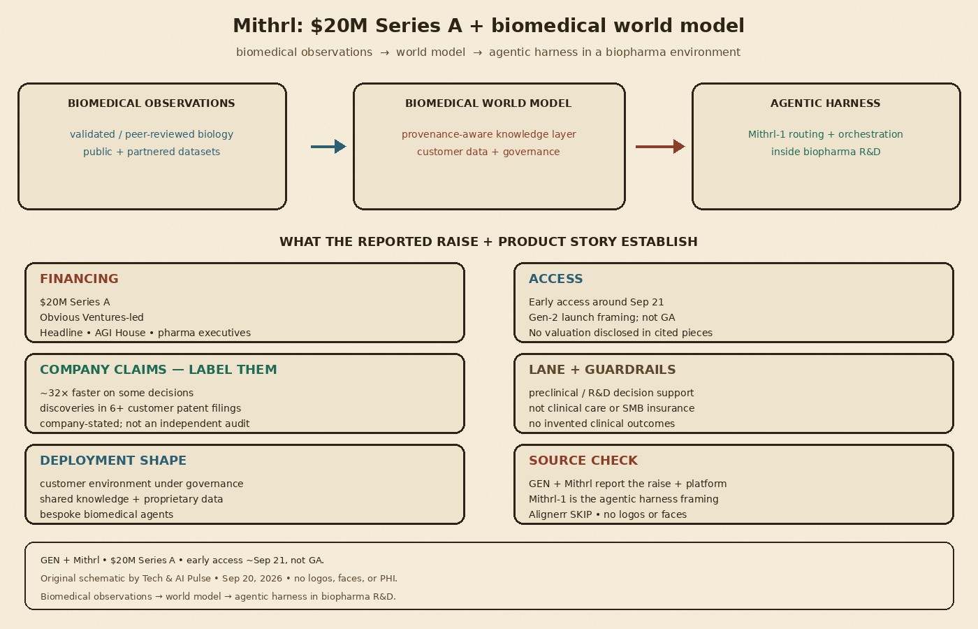 Cream-paper schematic: Mithrl Sep 2026 — biomedical observations to world model to agentic harness in biopharma environment