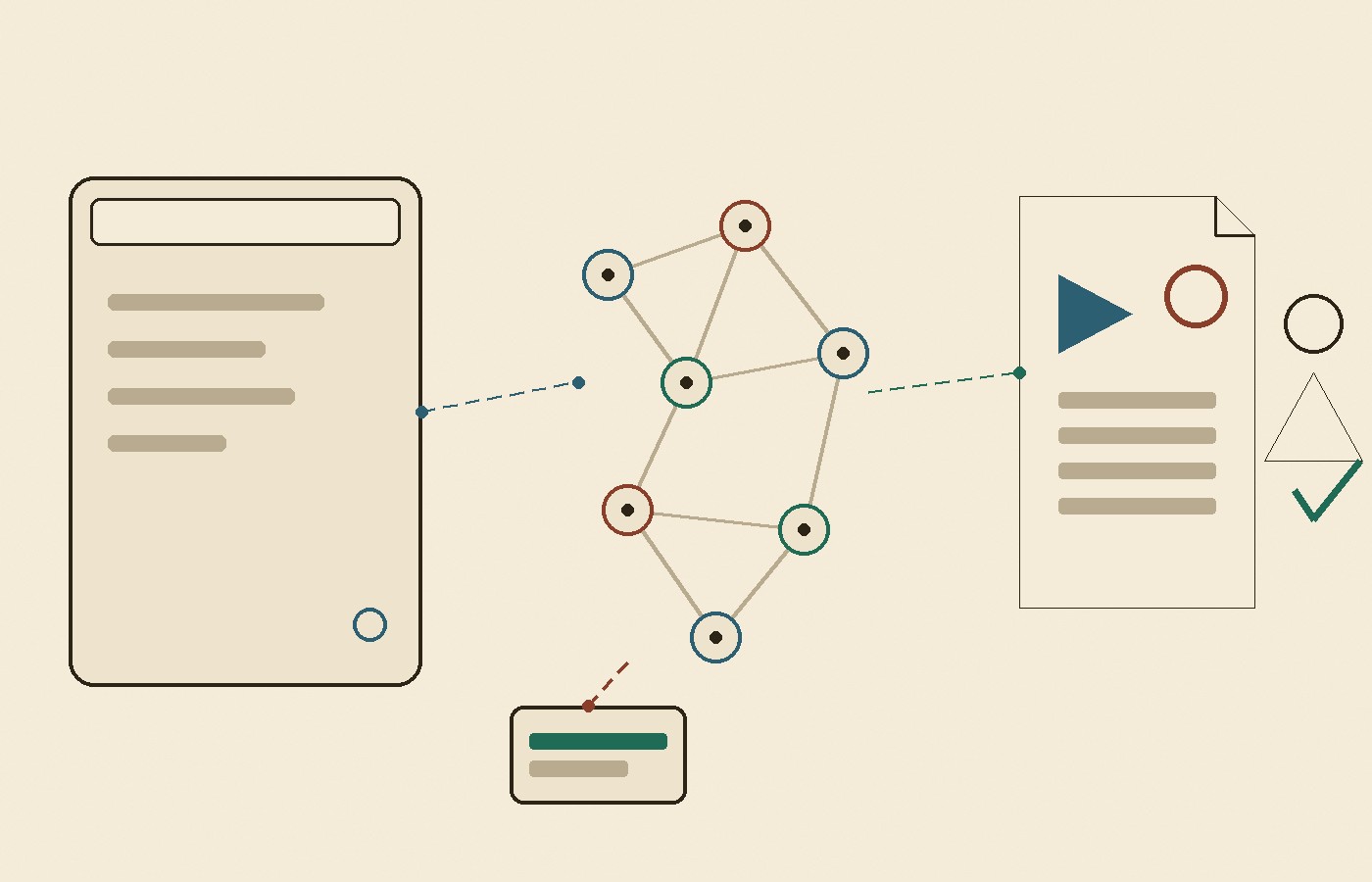 Cream-paper schematic: an app window feeds a swarm of nodes, then a page with a play mark, with a featureless figure beside the report
