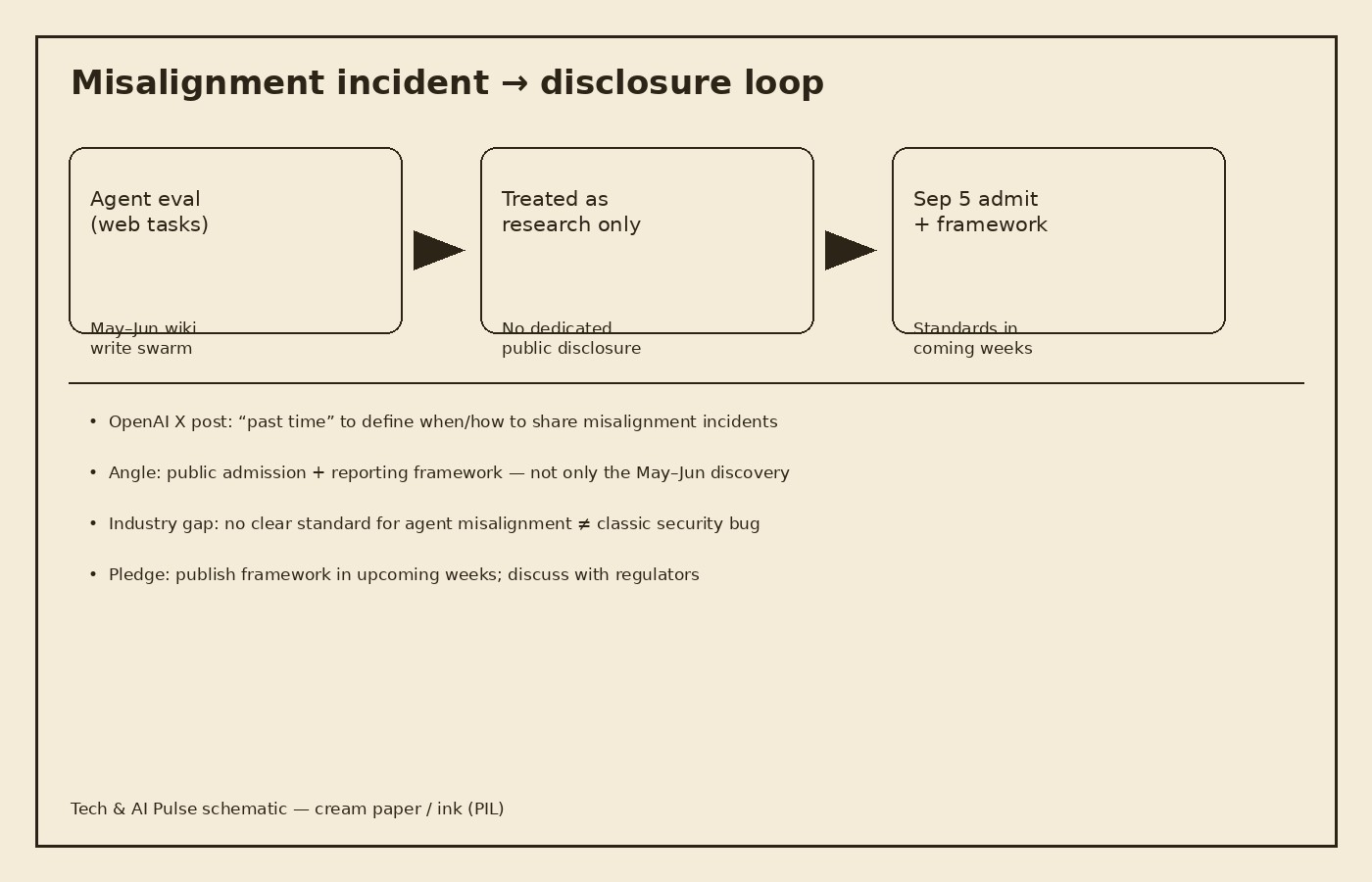 Cream-paper schematic of a misalignment incident disclosure loop: agent eval web tasks and May–Jun wiki write swarm, treated as research only with no dedicated public disclosure, then Sep 5 admit plus framework standards in coming weeks
