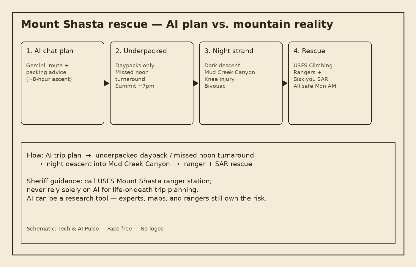 Cream-paper schematic showing AI chat plan leading to underpacked daypack and missed noon turnaround, then night descent into Mud Creek Canyon strand, then USFS Climbing Rangers and Siskiyou SAR rescue