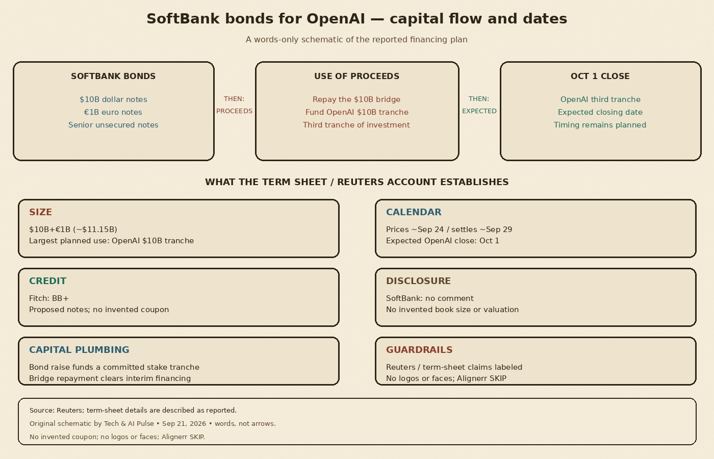 Cream-paper schematic: SoftBank Sep 2026 — bonds to repay bridge and fund OpenAI 10B tranche to Oct 1 close