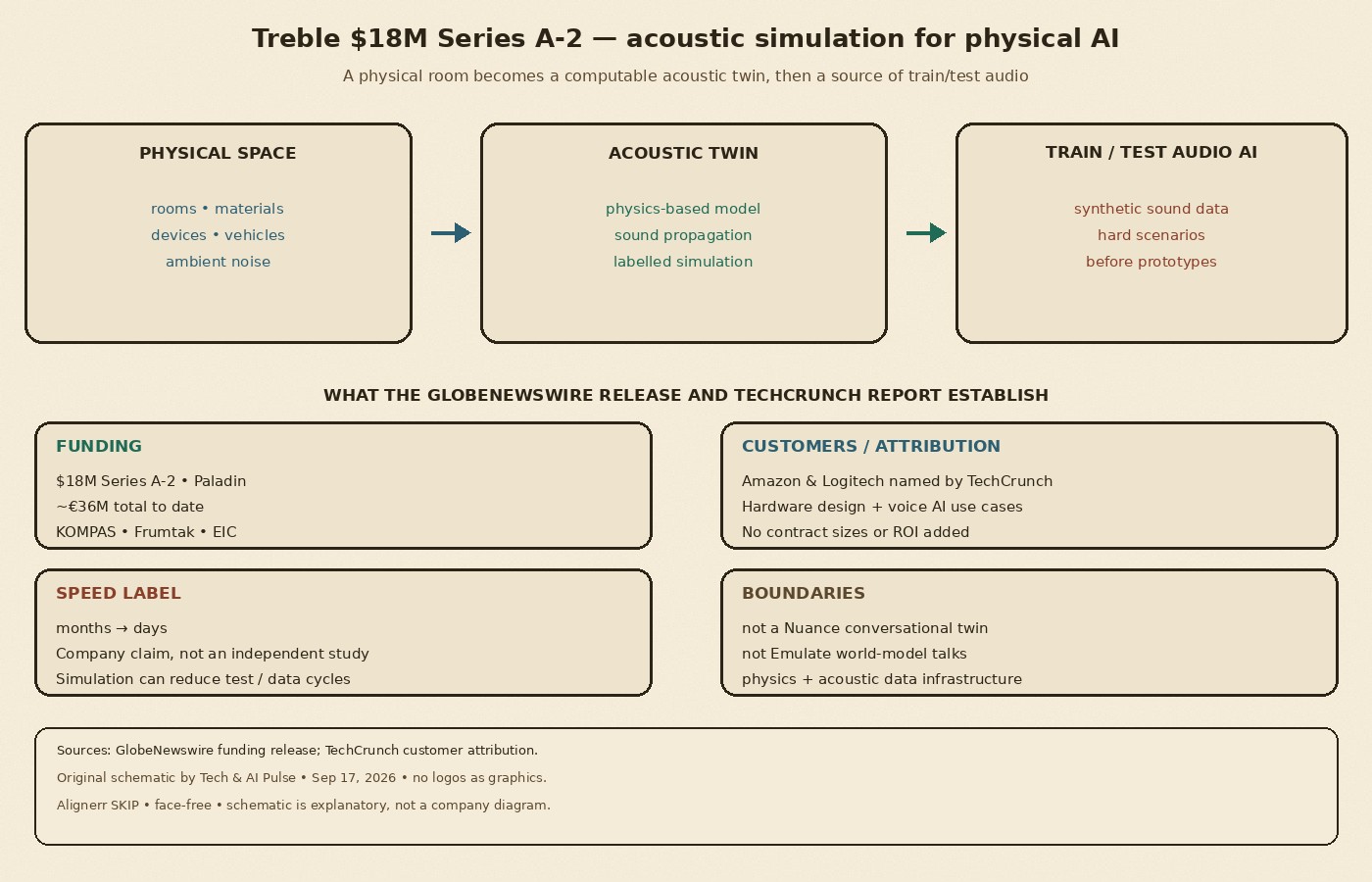 Cream-paper schematic: Treble Sep 2026 — physical space to acoustic twin to train and test audio AI