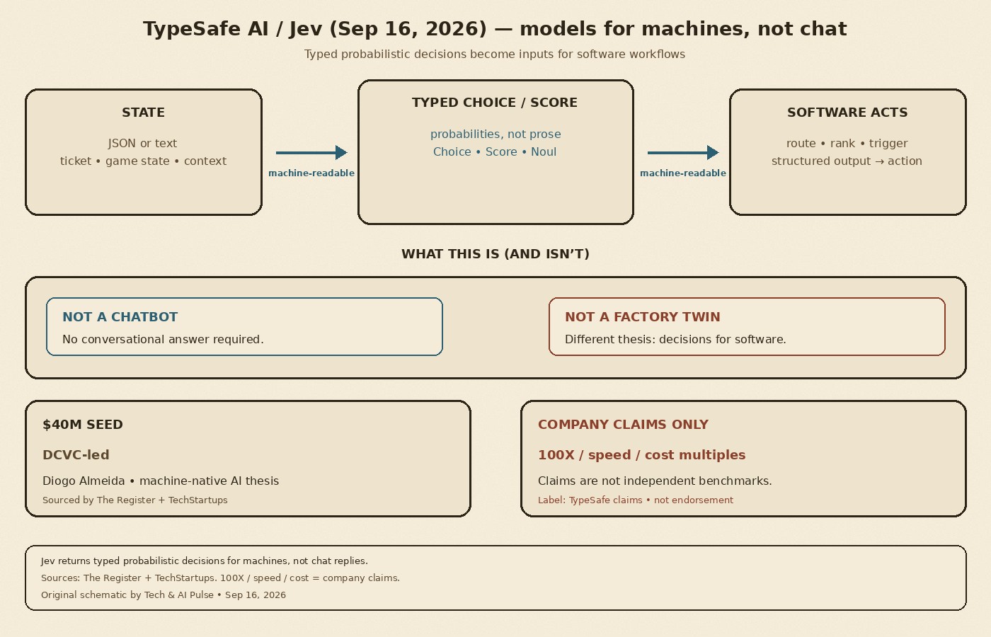 Cream-paper schematic: TypeSafe AI Jev — state in, typed Choice or Score with probabilities, software acts; not a chat reply