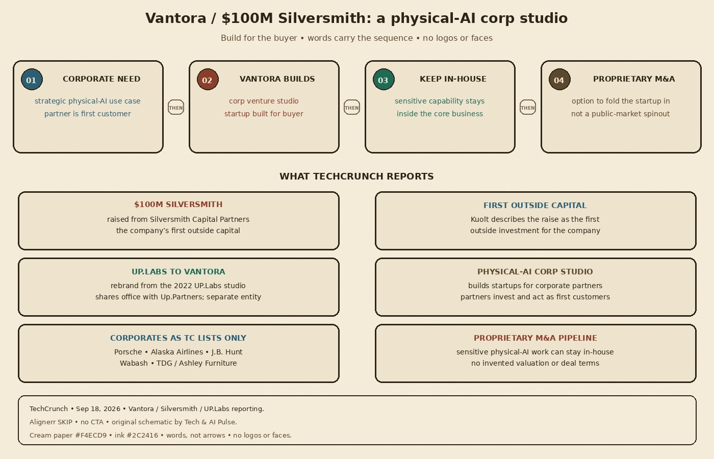 Cream-paper schematic: Vantora Sep 2026 — corporate need to Vantora builds physical-AI startup to keep in-house or proprietary M&A