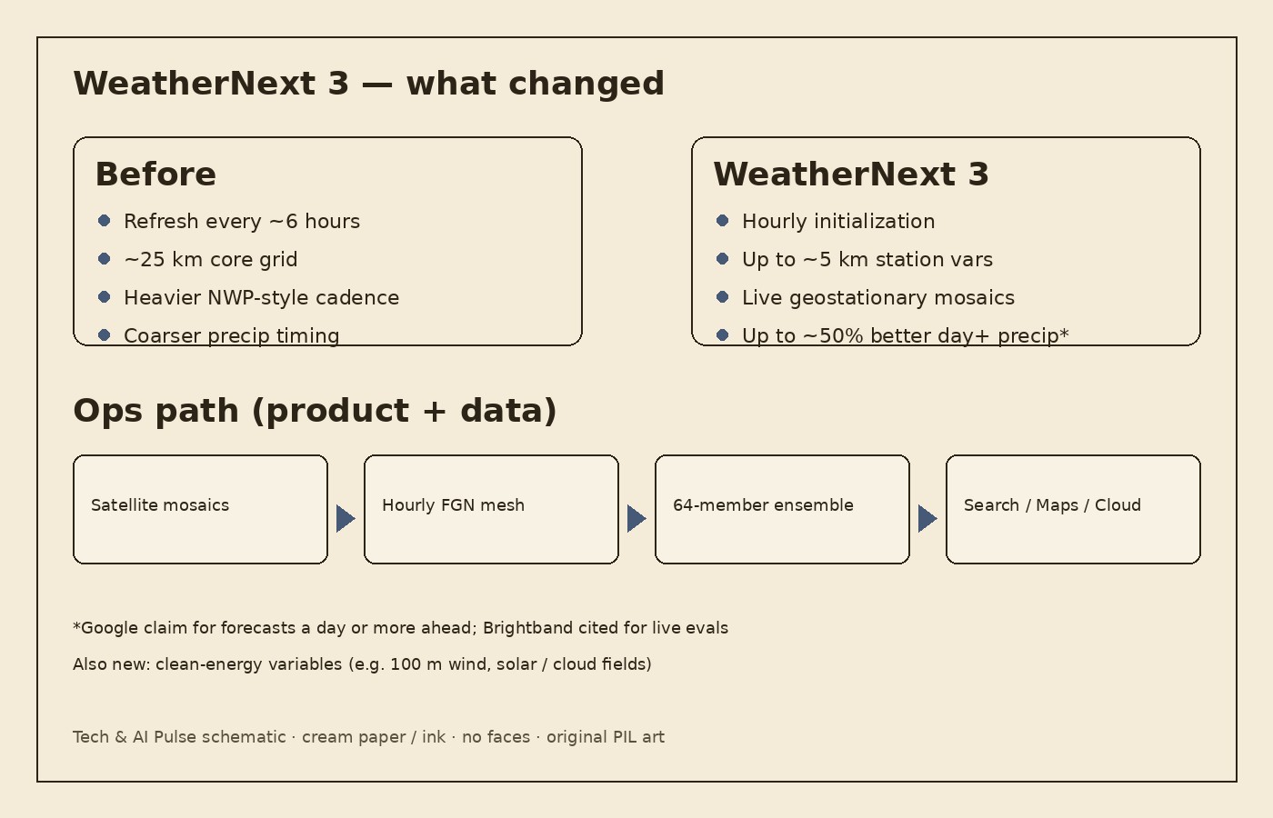 Cream-paper schematic comparing older six-hour ~25 km weather cadence versus WeatherNext 3 hourly initialization with up to about 5 km station variables, live geostationary mosaics, and a path from satellite inputs through an FGN mesh ensemble into Search Maps and Cloud