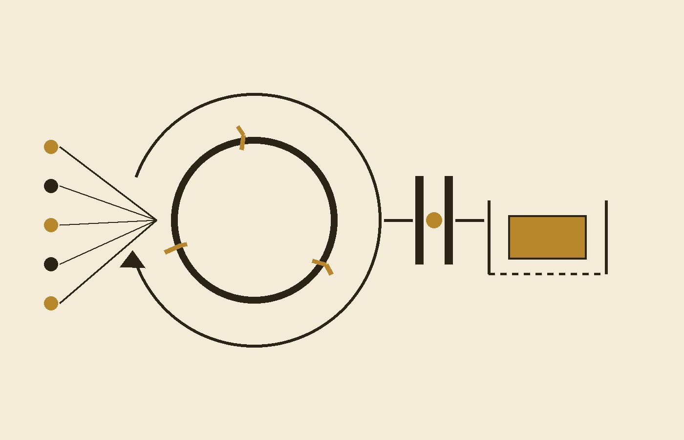 Cream-paper schematic: five small dots wired into a thick cracked ring whose cracks are patched in gold, wrapped by a thin looping arrow; a line leaves through a two-post gate holding a gold dot and ends in an open tray with a dashed floor and one gold sheet
