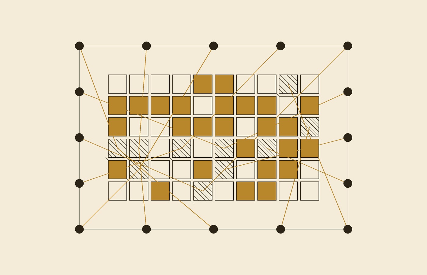 Cream-paper schematic: worker dots around a board of tiles, each linked to the tile it claimed, with no central node