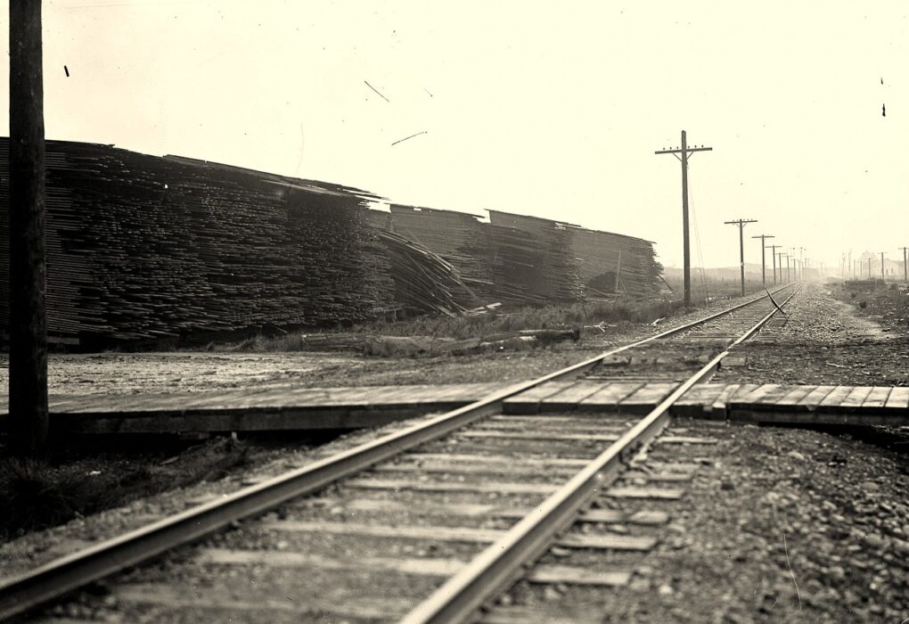 Stacked fir planks beside a rail line, with utility poles and no people in frame