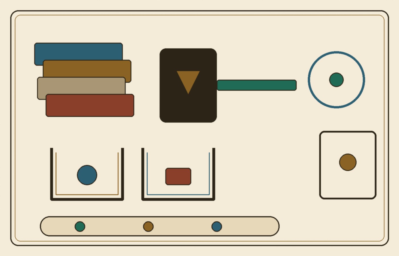 Cream-paper schematic with offset boards, a press letting one thin strip out, two separate trays, a long bar, and a ring set apart from a square
